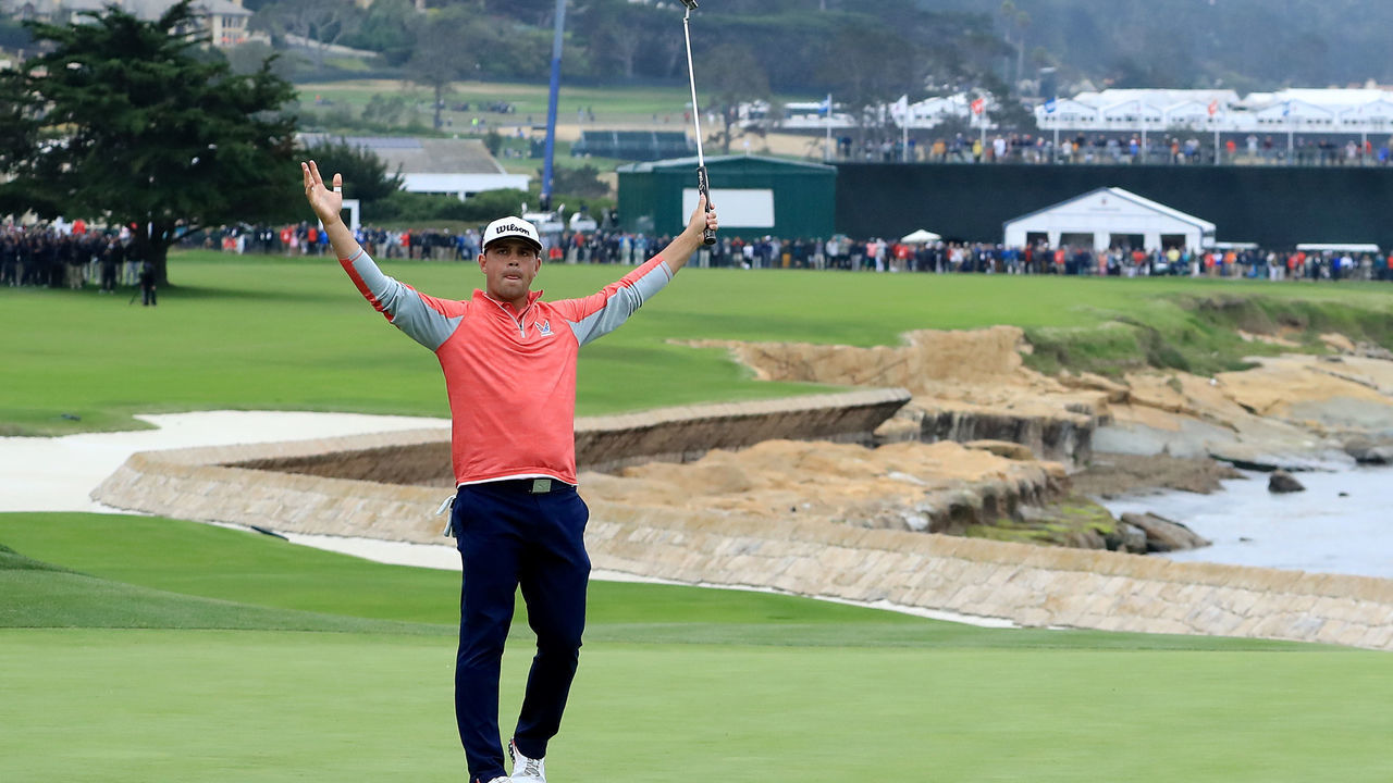 PEBBLE BEACH, CALIFORNIA - JUNE 16: Gary Woodland of the United States celebrates holing a long birdie putt on the 18th green to secure his three shot victory in the final round of the 2019 U.S.Open Championship at the Pebble Beach Golf Links on June 16, 2019 in Pebble Beach, California.