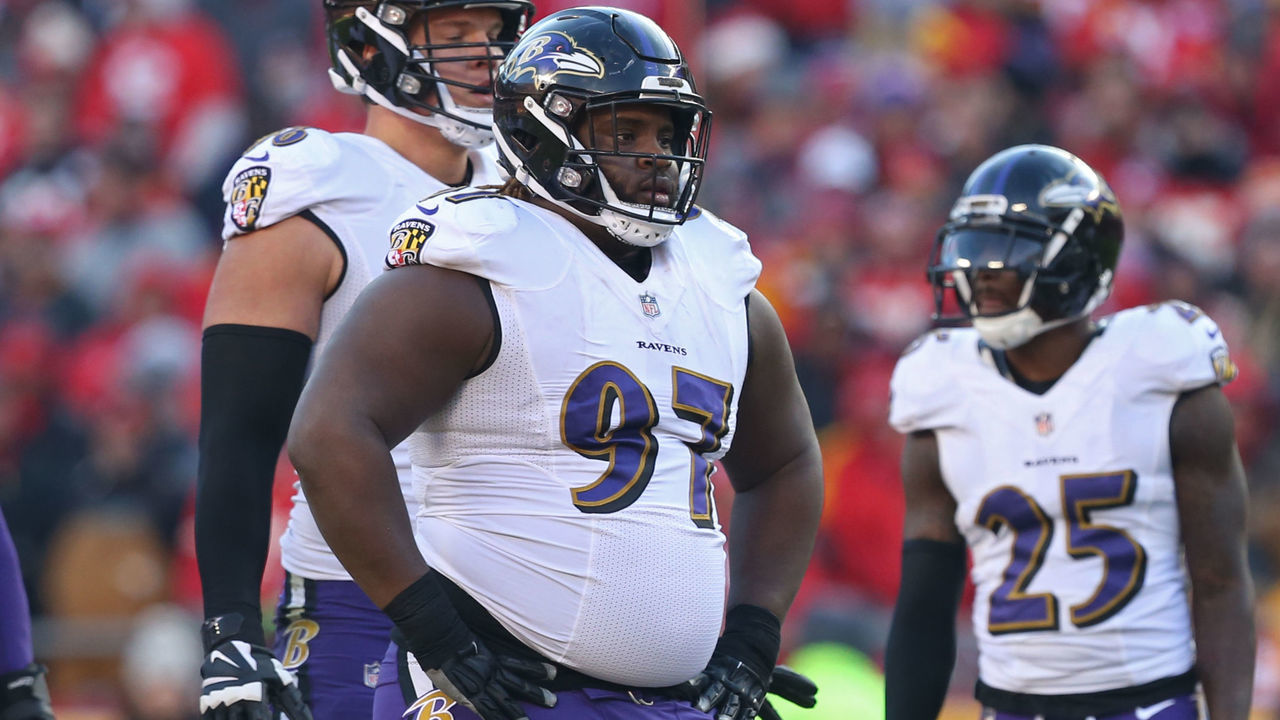 KANSAS CITY, MO - DECEMBER 09: Baltimore Ravens defensive tackle Michael Pierce (97) and his teammates before the snap in the fourth quarter of an NFL game between the Baltimore Ravens and Kansas City Chiefs on December 9, 2018 at Arrowhead Stadium in Kansas City, MO.