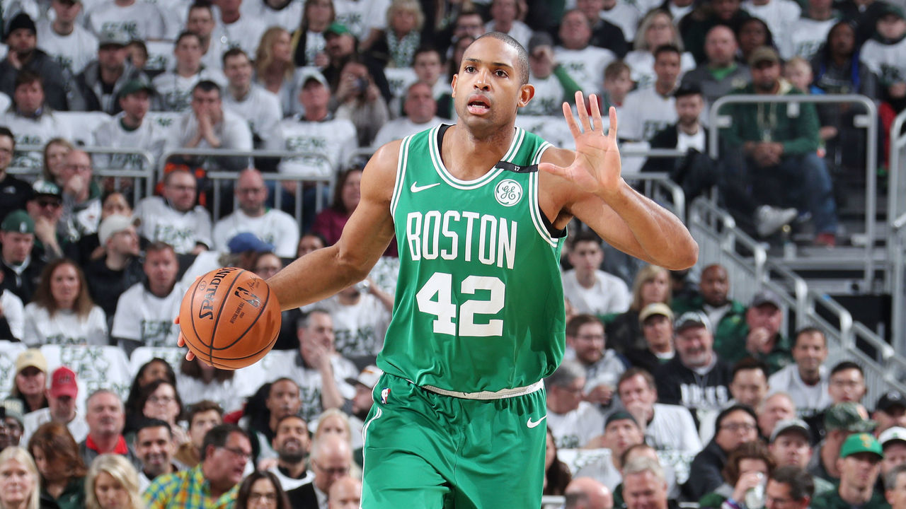MILWAUKEE, WI - APRIL 30: Al Horford #42 of the Boston Celtics handles the ball against the Milwaukee Bucks during Game Two of the Eastern Conference Semi Finals of the 2019 NBA Playoffs on April 30, 2019 at the Fiserv Forum Center in Milwaukee, Wisconsin. Mandatory Copyright Notice: Copyright 2019 NBAE .