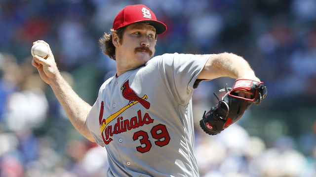 CHICAGO, ILLINOIS - JUNE 07: Miles Mikolas #39 of the St. Louis Cardinals pitches in the first inning during the game against the Chicago Cubs at Wrigley Field on June 07, 2019 in Chicago, Illinois.