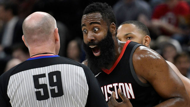 SALT LAKE CITY, UT - DECEMBER 7: James Harden #13 of the Houston Rockets complains to official Gary Zielinski #59 about a technical foul called on him in the first half against the Utah Jazz at Vivint Smart Home Arena on December 7, 2017 in Salt Lake City, Utah.