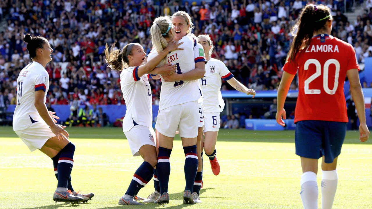PARIS, FRANCE - JUNE 16: Ali Krieger of USA Women, Tierna Davidson of USA Women, Julie Ertz of USA Women, Lindsey Horan of USA Women celebrates during the World Cup Women match between USA v Chile at the Parc des Princes on June 16, 2019 in Paris France