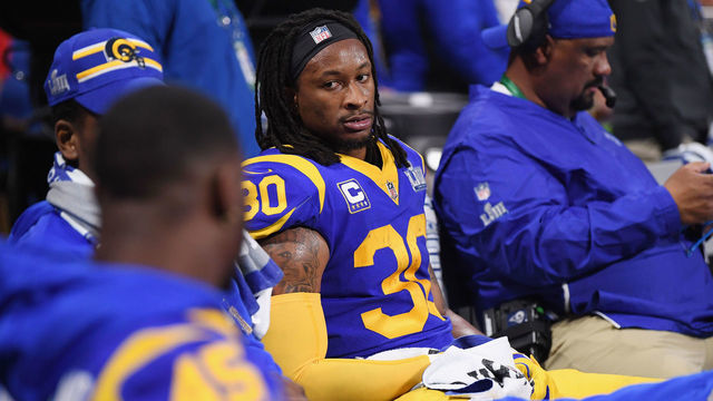 ATLANTA, GA - FEBRUARY 03: Todd Gurley II #30 of the Los Angeles Rams gestures while he is on the bench in the second half during Super Bowl LIII at Mercedes-Benz Stadium on February 3, 2019 in Atlanta, Georgia.