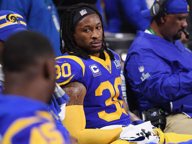 ATLANTA, GA - FEBRUARY 03: Todd Gurley II #30 of the Los Angeles Rams gestures while he is on the bench in the second half during Super Bowl LIII at Mercedes-Benz Stadium on February 3, 2019 in Atlanta, Georgia.