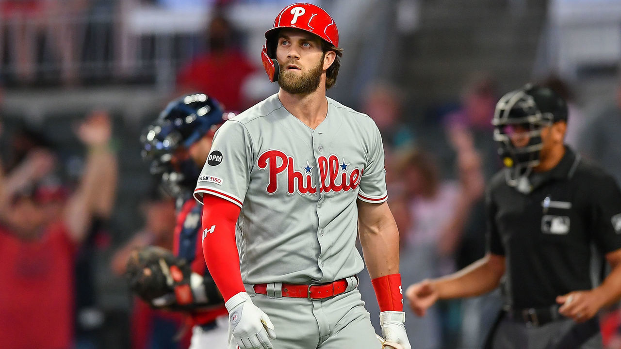 ATLANTA, GA JUNE 14: Philadelphia Phillies outfielder Bryce Harper (3) looks at the video board after striking out during the game between the Atlanta Braves and the Philadelphia Phillies on June 14th, 2019 at SunTrust Park in Atlanta, GA.