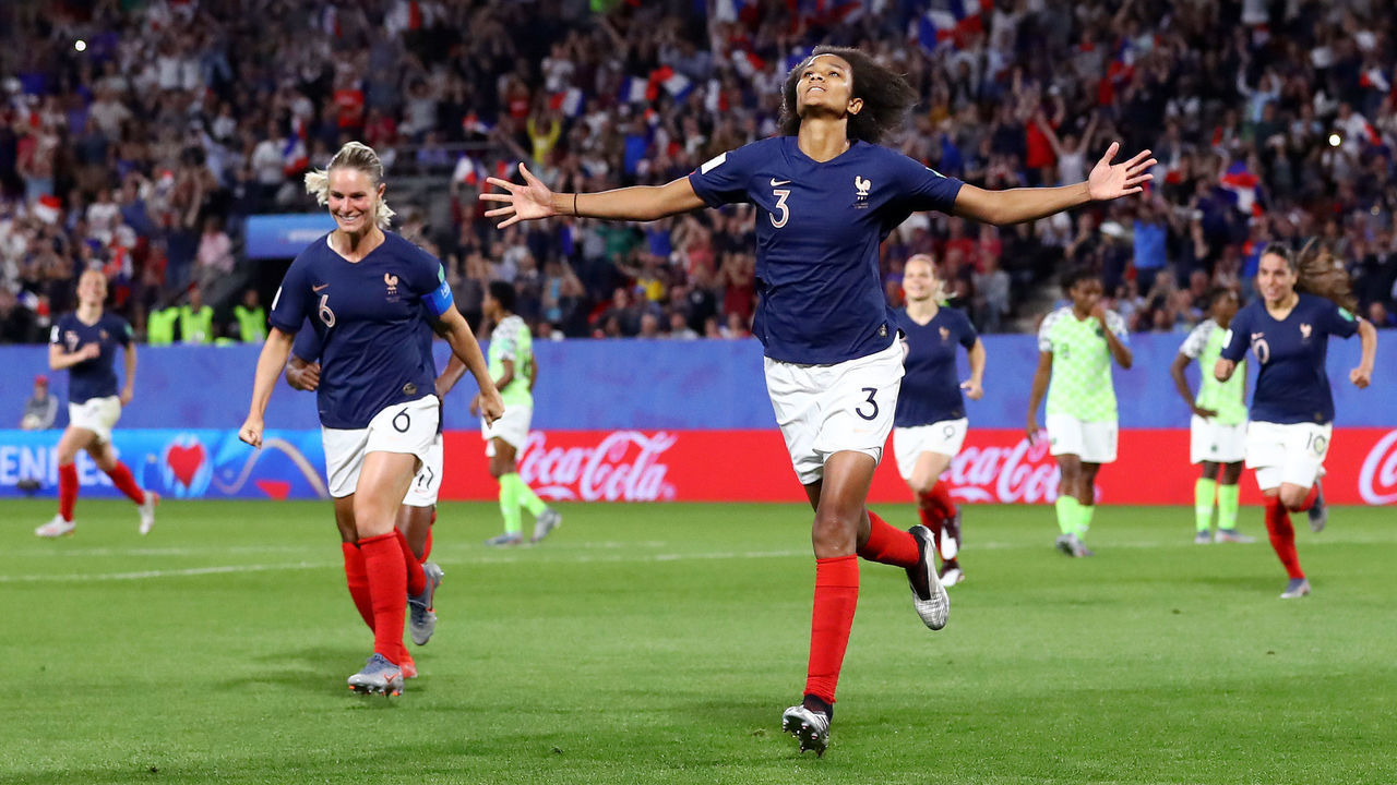 RENNES, FRANCE - JUNE 17: Wendie Renard of France celebrates after scoring her team's first goal during the 2019 FIFA Women's World Cup France group A match between Nigeria and France at Roazhon Park on June 17, 2019 in Rennes, France.