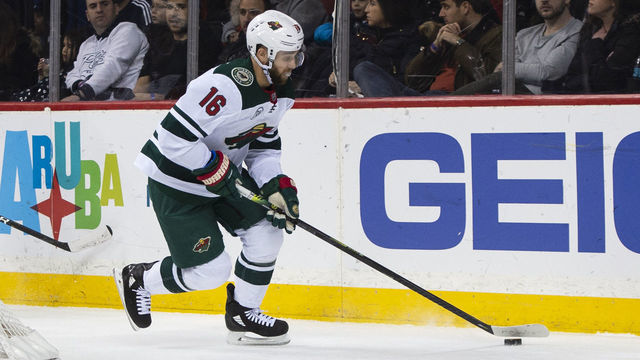 UNIONDALE, NY - FEBRUARY 10: Minnesota Wild Right Wing Jason Zucker (16) skates with the puck during the first period of the Minnesota Wild versus the New York Islanders game on February 10, 2019 at the Barclay's Center in Brooklyn, NY.