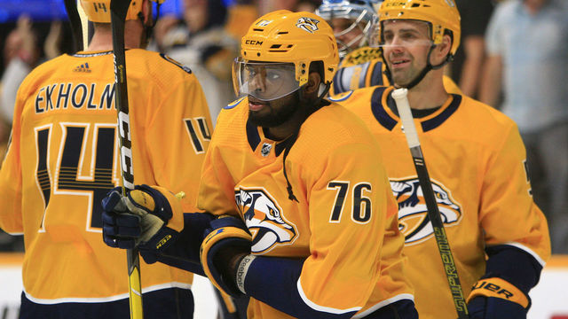 NASHVILLE, TN - APRIL 06: Nashville Predators defenseman P.K. Subban (76) is shown at the conclusion of the NHL game between the Nashville Predators and Chicago Blackhawks, held on April 6, 2019, at Bridgestone Arena in Nashville, Tennessee.