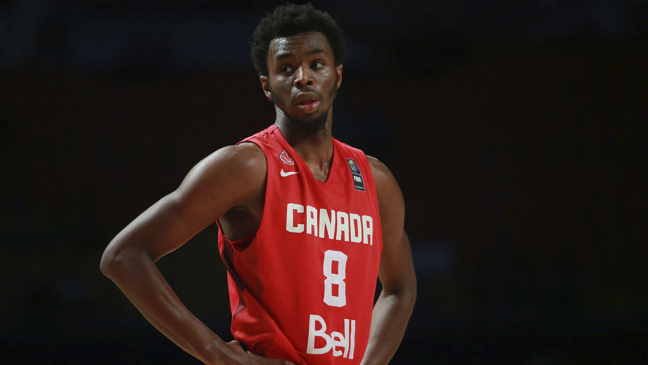 MEXICO CITY, MEXICO - SEPTEMBER 07: Andrew Wiggins of Canada looks on during a second stage match between Uruguay and Canada as part of the 2015 FIBA Americas Championship for Men at Palacio de los Deportes on September 07, 2015 in Mexico City, Mexico.