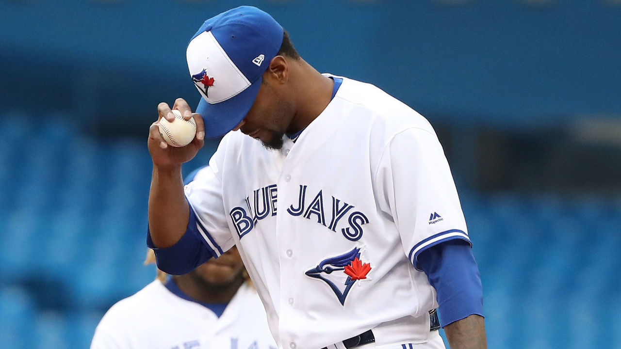 TORONTO, ON - JUNE 17: Edwin Jackson #33 of the Toronto Blue Jays reacts moments before being relieved in the second inning during MLB game action against the Los Angeles Angels of Anaheim at Rogers Centre on June 17, 2019 in Toronto, Canada.