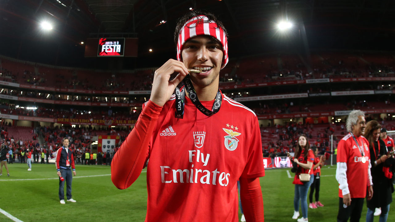 LISBON, PORTUGAL - MAY 18: Joao Felix of SL Benfica celebrates after winning the Liga NOS Championship at the end of the Liga NOS match between SL Benfica and CD Santa Clara at Estadio da Luz on May 18, 2019 in Lisbon, Portugal.