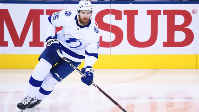 TORONTO, ON - APRIL 04: Tampa Bay Lightning defenseman Braydon Coburn (55) skates during the warm-up before a game between the Tampa Bay Lightning and the Toronto Maple Leafs on April 04, 2019, at the Scotiabank Arena in Toronto, Ontario Canada.