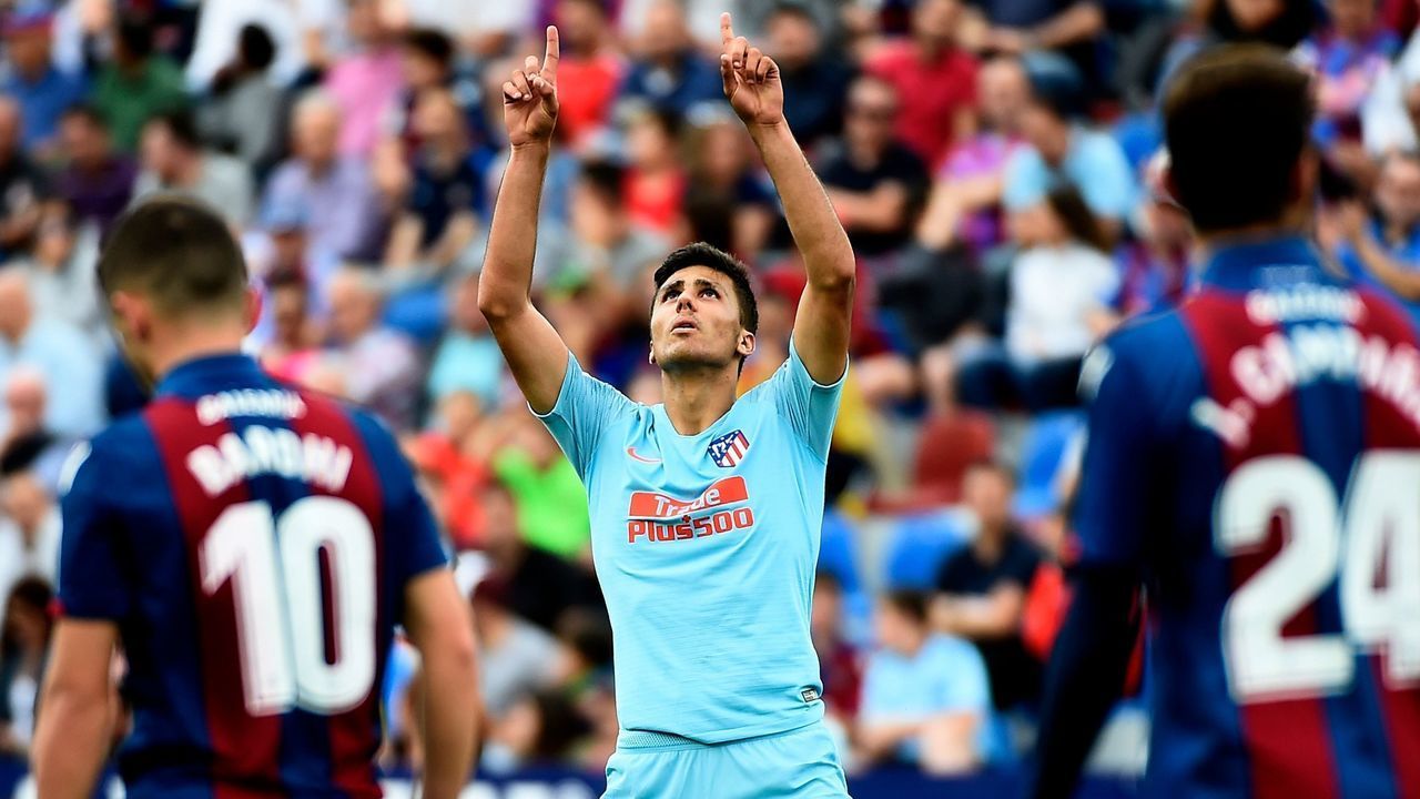 Atletico Madrid's Spanish midfielder Rodri celebrates after scoring a goal during the Spanish League football match between Levante and Atletico Madrid at the Ciutat de Valencia stadium in Valencia on May 18, 2019.