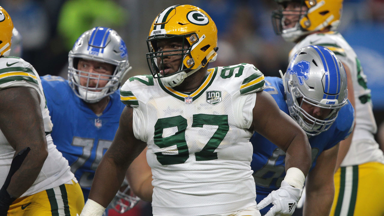 Green Bay Packers nose tackle Kenny Clark (97) is seen during the first half of an NFL football game against the Detroit Lions in Detroit, Michigan USA, on Sunday, October 7, 2018.