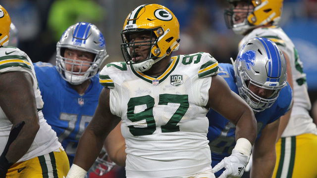 Green Bay Packers nose tackle Kenny Clark (97) is seen during the first half of an NFL football game against the Detroit Lions in Detroit, Michigan USA, on Sunday, October 7, 2018.