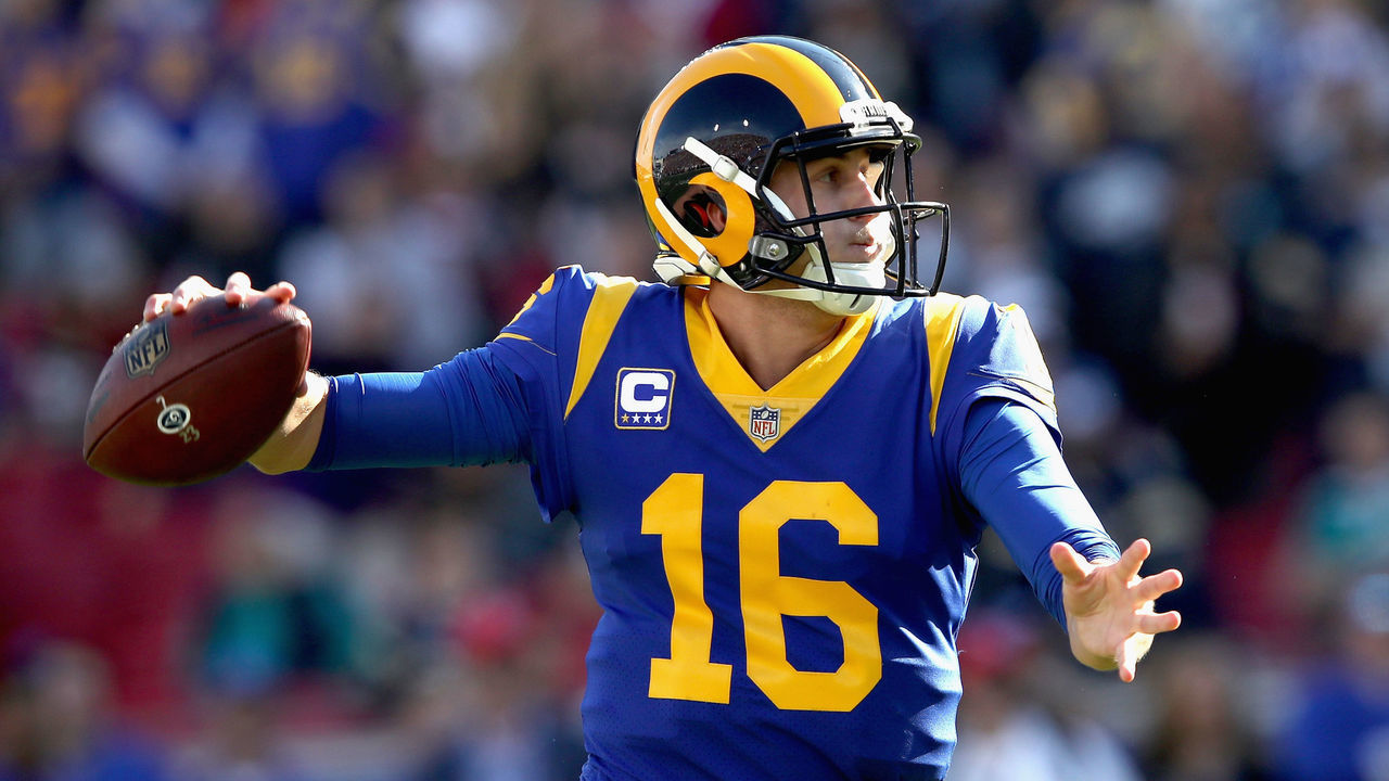 LOS ANGELES, CA - DECEMBER 30: Los Angeles Rams quarterback Jared Goff #16 looks to pass the ball during the first half of a game against the San Francisco 49ers at Los Angeles Memorial Coliseum on December 30, 2018 in Los Angeles, California.
