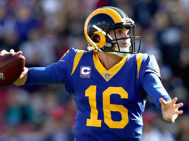 LOS ANGELES, CA - DECEMBER 30: Los Angeles Rams quarterback Jared Goff #16 looks to pass the ball during the first half of a game against the San Francisco 49ers at Los Angeles Memorial Coliseum on December 30, 2018 in Los Angeles, California.