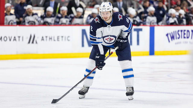 OTTAWA, ON - FEBRUARY 09: Winnipeg Jets defenseman Jacob Trouba (8) prepares for a face-off during third period National Hockey League action between the Winnipeg Jets and Ottawa Senators on February 9, 2019, at Canadian Tire Centre in Ottawa, ON, Canada.