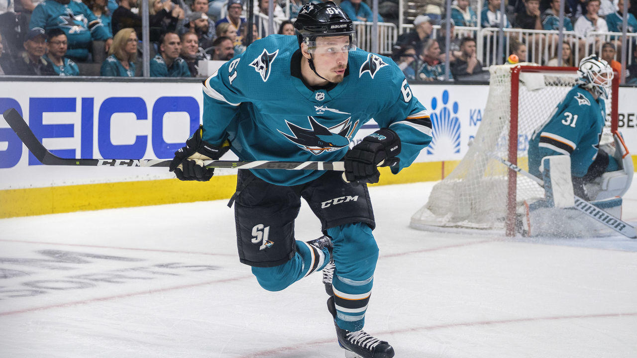 SAN JOSE, CA - APRIL 26: San Jose Sharks defenseman Justin Braun (61) heads back up the ice during Round 2, Game 1 between the Colorado Avalanche and the San Jose Sharks on Friday, April 26, 2019 at the SAP Center in San Jose, California.