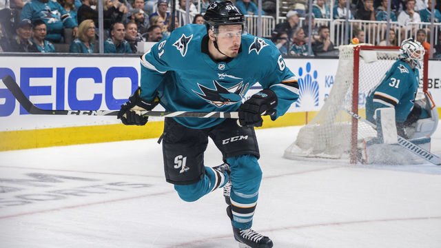 SAN JOSE, CA - APRIL 26: San Jose Sharks defenseman Justin Braun (61) heads back up the ice during Round 2, Game 1 between the Colorado Avalanche and the San Jose Sharks on Friday, April 26, 2019 at the SAP Center in San Jose, California.