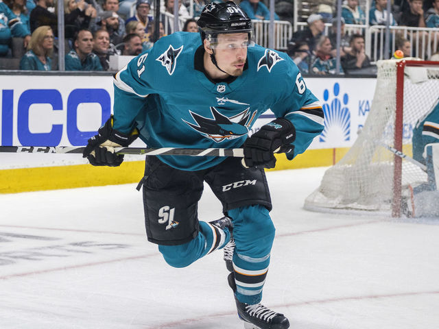 SAN JOSE, CA - APRIL 26: San Jose Sharks defenseman Justin Braun (61) heads back up the ice during Round 2, Game 1 between the Colorado Avalanche and the San Jose Sharks on Friday, April 26, 2019 at the SAP Center in San Jose, California.