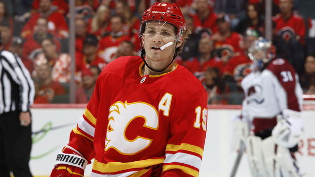 CALGARY, AB - APRIL 13: Matthew Tkachuk #19 of the Calgary Flames looks on against the Colorado Avalanche in Game Two of the Western Conference First Round during the 2019 NHL Stanley Cup Playoffs on April 13, 2019 at the Scotiabank Saddledome in Calgary, Alberta, Canada. "n
