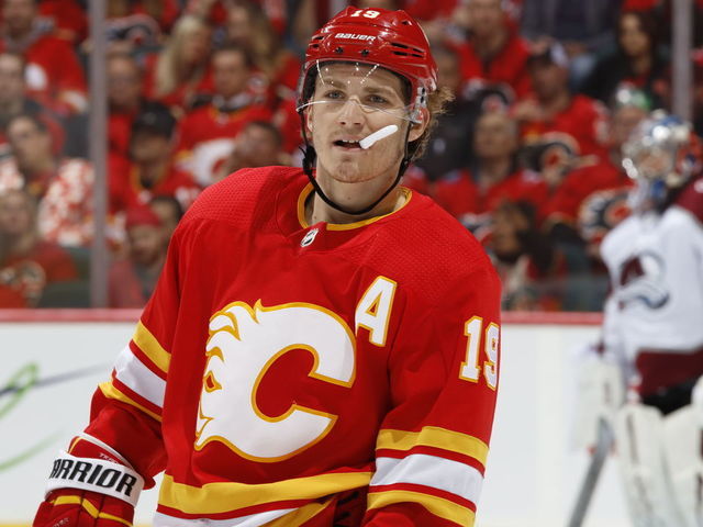 CALGARY, AB - APRIL 13: Matthew Tkachuk #19 of the Calgary Flames looks on against the Colorado Avalanche in Game Two of the Western Conference First Round during the 2019 NHL Stanley Cup Playoffs on April 13, 2019 at the Scotiabank Saddledome in Calgary, Alberta, Canada. "n