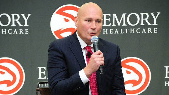 BROOKHAVEN, GA - MAY 14: General Manage Travis Schlenk of the Atlanta speaks to the media during Lloyd Pierce's introductory press conference on May 14, 2018 at the Emory Sports Medicine Complex in Brookhaven, Georgia. NOTE TO USER: User expressly acknowledges and agrees that, by downloading and/or using this photograph, user is consenting to the terms and conditions of the Getty Images License Agreement. Mandatory Copyright Notice: Copyright 2018 NBAE
