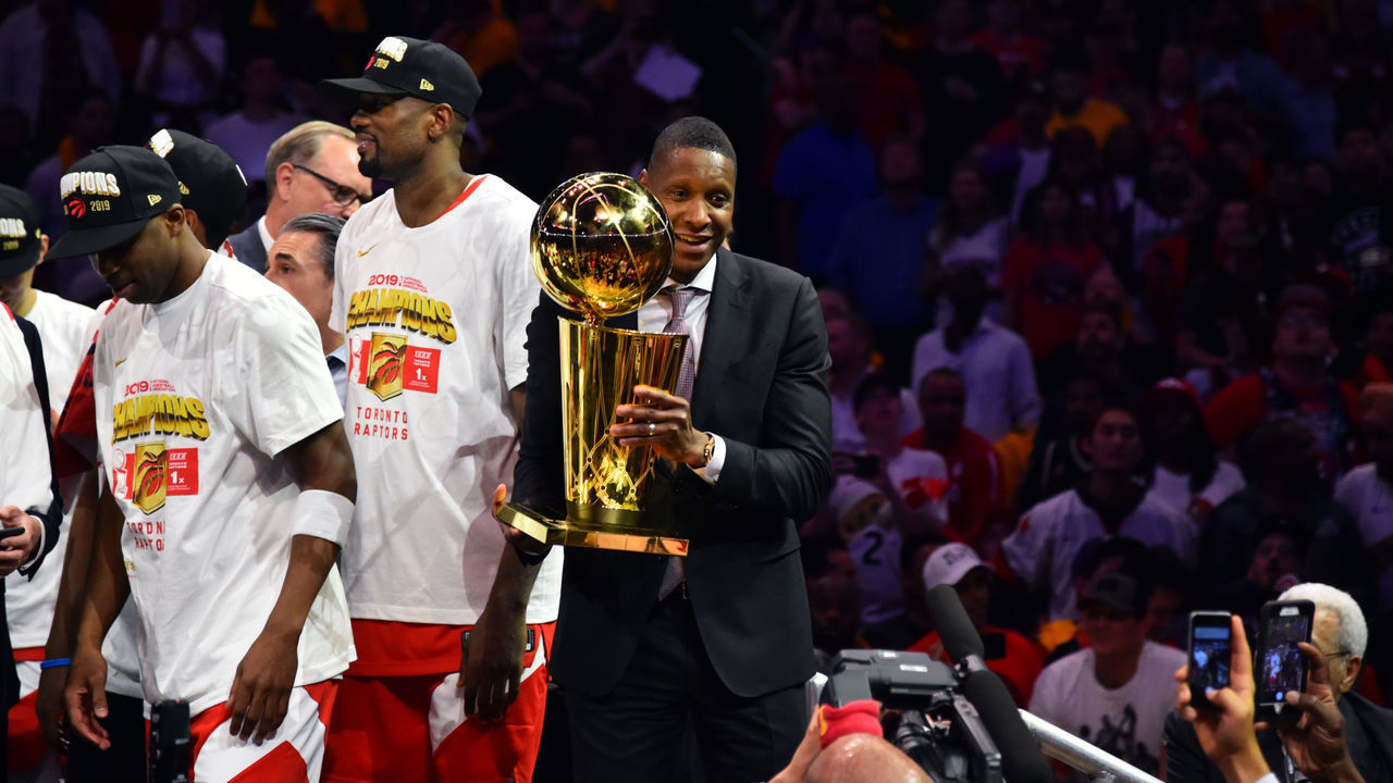 OAKLAND, CA - JUNE 13: The Toronto Raptors and Masai Ujiri celebrate after winning the 2019 NBA Finals against the Golden State Warriors after Game Six of the NBA Finals on June 13, 2019 at ORACLE Arena in Oakland, California. NOTE TO USER: User expressly acknowledges and agrees that, by downloading and/or using this photograph, user is consenting to the terms and conditions of Getty Images License Agreement. Mandatory Copyright Notice: Copyright 2019 NBAE