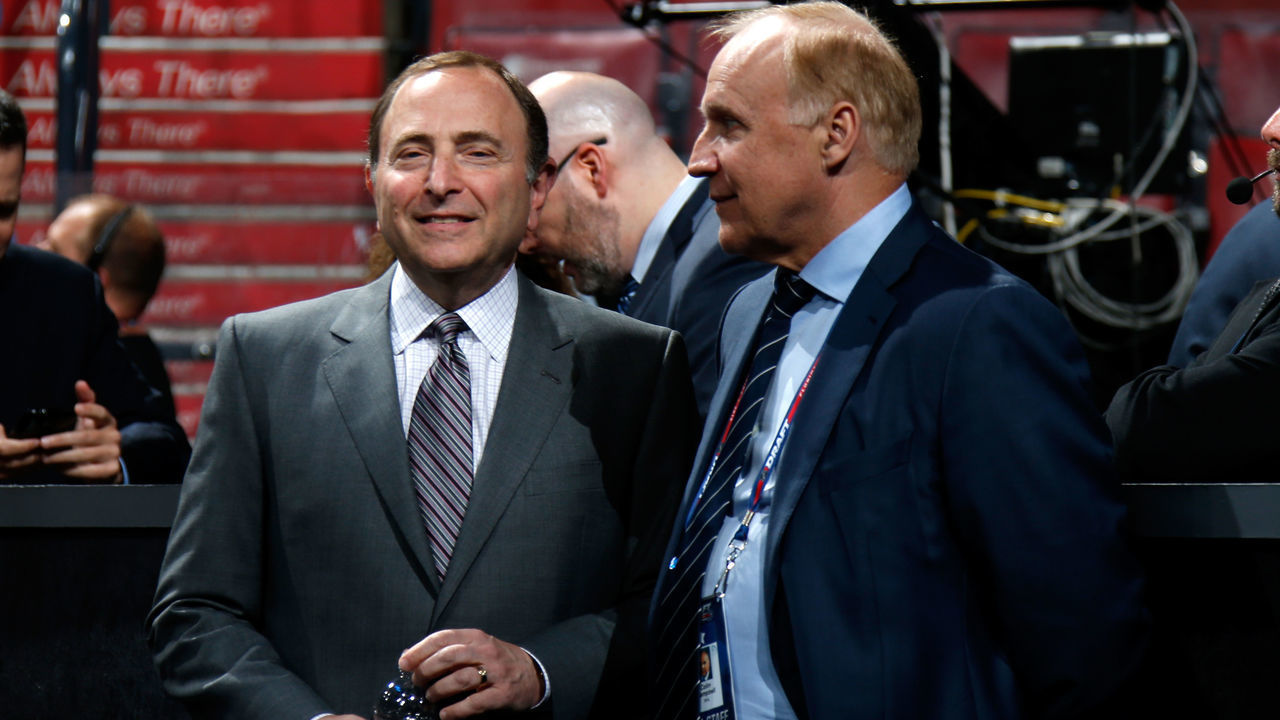 SUNRISE, FL - JUNE 26: (L-R) Gary Bettman, Commissioner of the National Hockey League, and Colin Campbell, Executive Vice President and Director of Hockey Operations talk before the first round of the 2015 NHL Draft at BB&T Center on June 26, 2015 in Sunrise, Florida.