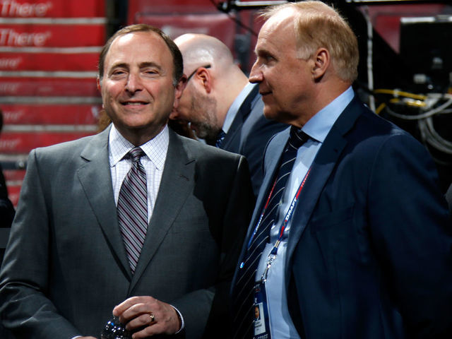 SUNRISE, FL - JUNE 26: (L-R) Gary Bettman, Commissioner of the National Hockey League, and Colin Campbell, Executive Vice President and Director of Hockey Operations talk before the first round of the 2015 NHL Draft at BB&T Center on June 26, 2015 in Sunrise, Florida.