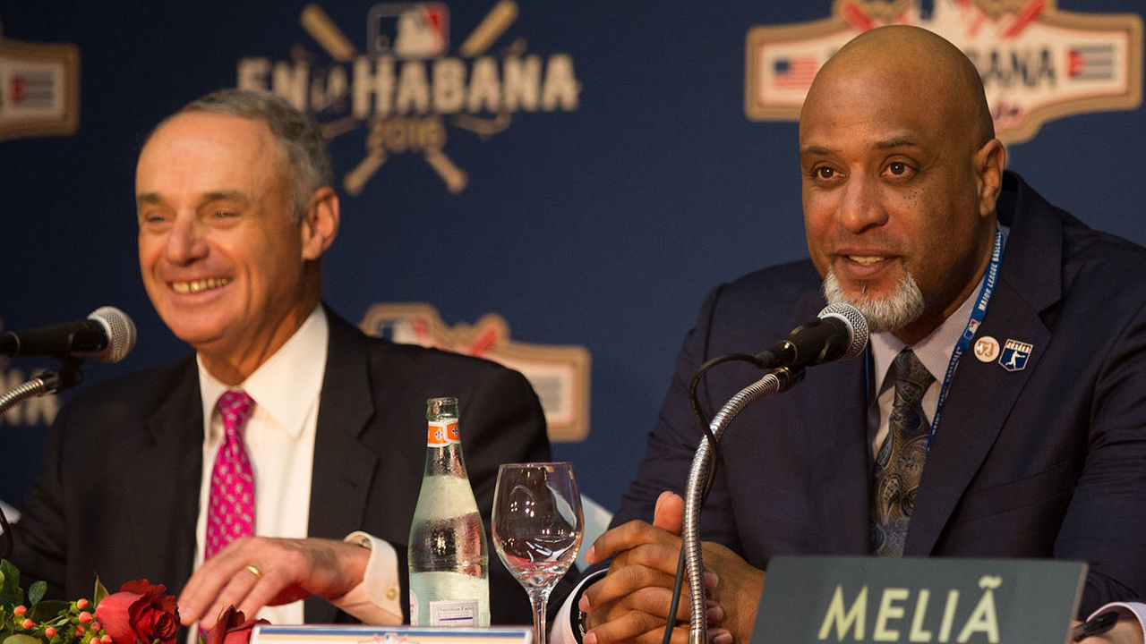 HAVANA - MARCH 21: Major League Baseball Commissioner Robert D. Manfred Jr. and Major League Baseball Players Association Executive Director Tony Clark are seen during a press conference on Monday, March 21, 2016 at Melia Cohiba Hotel in Havana, Cuba.
