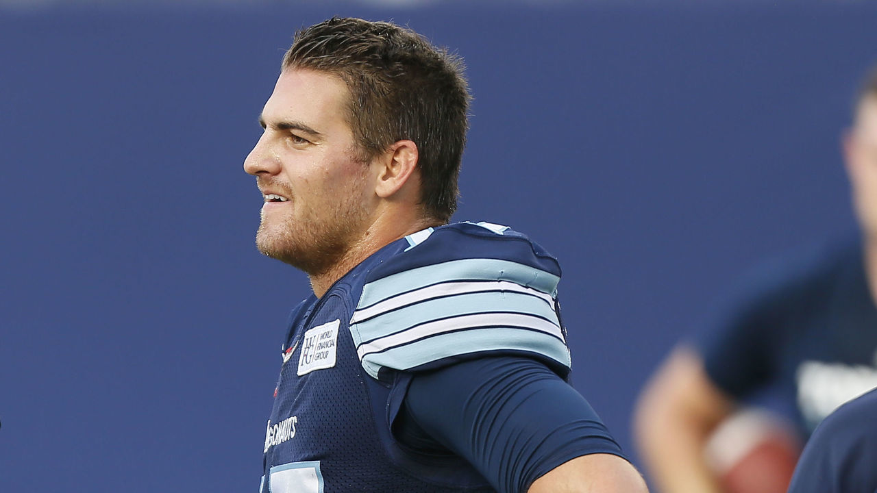 TORONTO, ON - AUGUST 3: Cody Fajardo #17 of the Toronto Argonauts talks to Ricky Ray #15 of the Toronto Argonauts during the warm up of a CFL game at BMO Field against the Calgary Stampeders on August 3, 2017 in Toronto, Ontario, Canada. Calgary Stampeders defeated Toronto Argonauts 41-24.