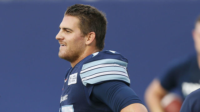 TORONTO, ON - AUGUST 3: Cody Fajardo #17 of the Toronto Argonauts talks to Ricky Ray #15 of the Toronto Argonauts during the warm up of a CFL game at BMO Field against the Calgary Stampeders on August 3, 2017 in Toronto, Ontario, Canada. Calgary Stampeders defeated Toronto Argonauts 41-24.