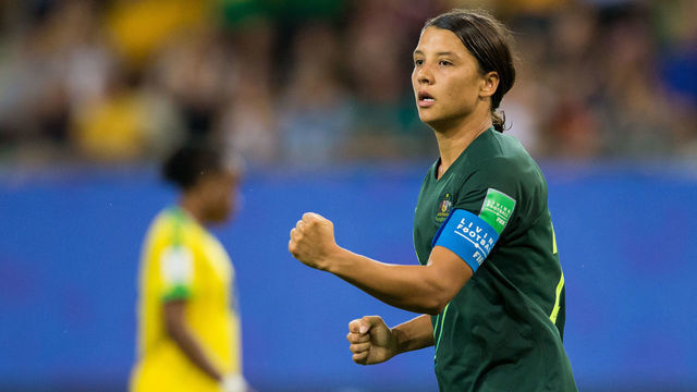 GRENOBLE, FRANCE - JUNE 18: Sam Kerr of Australia celebrates scoring her side's third goal and her own hat-trick during the 2019 FIFA Women's World Cup France group C match between Jamaica and Australia at Stade des Alpes on June 18, 2019 in Grenoble, France.