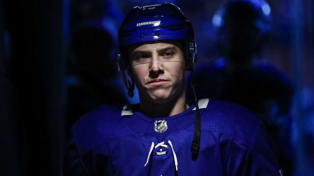TORONTO, ON - APRIL 17: Mitch Marner #16 of the Toronto Maple Leafs heads to the locker room before facing the Boston Bruins during Game Four of the Eastern Conference First Round during the 2019 NHL Stanley Cup Playoffs at the Scotiabank Arena on April 17, 2019 in Toronto, Ontario, Canada.