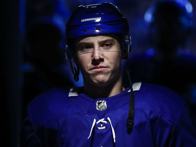 TORONTO, ON - APRIL 17: Mitch Marner #16 of the Toronto Maple Leafs heads to the locker room before facing the Boston Bruins during Game Four of the Eastern Conference First Round during the 2019 NHL Stanley Cup Playoffs at the Scotiabank Arena on April 17, 2019 in Toronto, Ontario, Canada.