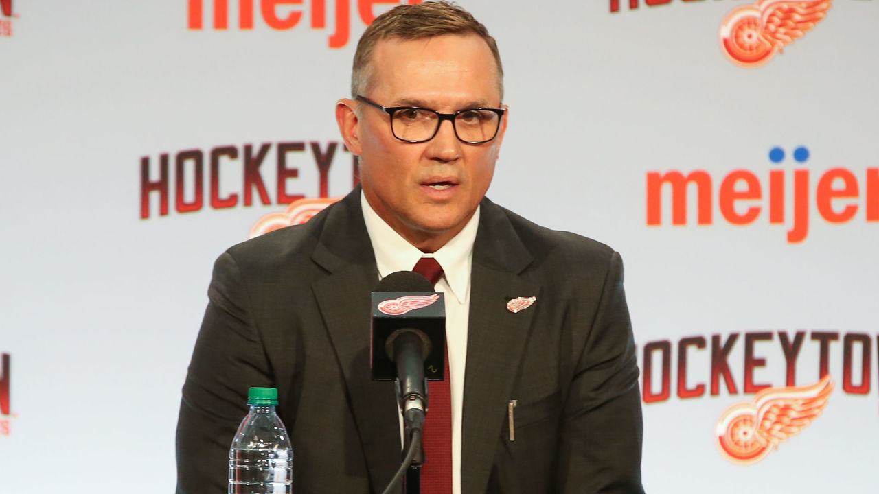DETROIT, MI - APRIL 19: Steve Yzerman addresses members of the media during a press conference to introduce Steve Yzerman as the new Executive Vice President and General Manager responsible for all hockey operations and announce the promotion of Ken Holland to Senior Vice President on April 19, 2019, at Little Caesars Arena in Detroit, Michigan.