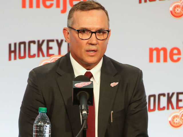 DETROIT, MI - APRIL 19: Steve Yzerman addresses members of the media during a press conference to introduce Steve Yzerman as the new Executive Vice President and General Manager responsible for all hockey operations and announce the promotion of Ken Holland to Senior Vice President on April 19, 2019, at Little Caesars Arena in Detroit, Michigan.