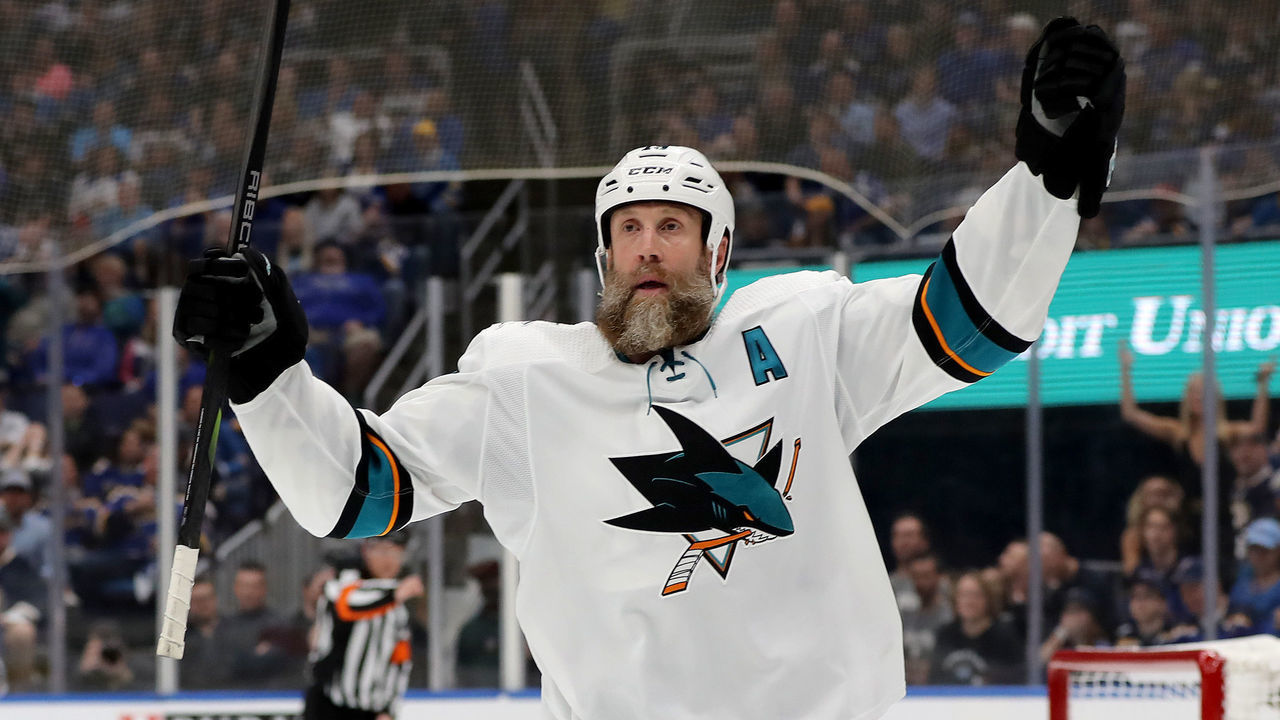 ST LOUIS, MISSOURI - MAY 15: Joe Thornton #19 of the San Jose Sharks celebrates after scoring a goal on Jordan Binnington #50 of the St. Louis Blues during the first period in Game Three of the Western Conference Finals during the 2019 NHL Stanley Cup Playoffs at Enterprise Center on May 15, 2019 in St Louis, Missouri.