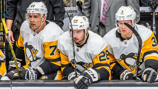 SAN JOSE, CA - JANUARY 15: Pittsburgh Penguins Defenceman Jack Johnson (73), Pittsburgh Penguins Defenceman Marcus Pettersson (28) and Pittsburgh Penguins Defenceman Olli Maatta (3) anxiously waiting to get on the ice during the game between the Pittsburg Penguins and the San Jose Sharks on Tuesday, January 15, 2019 at the SAP Center in San Jose, CA.
