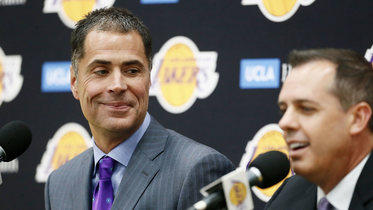 EL SEGUNDO, CA - MAY 20: Rob Pelinka of the Los Angeles Lakers introduces Frank Vogel as the new head coach during a press conference on May 20, 2019 at the UCLA Health Training Center in El Segundo, California. NOTE TO USER: User expressly acknowledges and agrees that, by downloading and/or using this photograph, User is consenting to the terms and conditions of Getty Images License Agreement. Mandatory Copyright Notice: Copyright 2019 NBAE