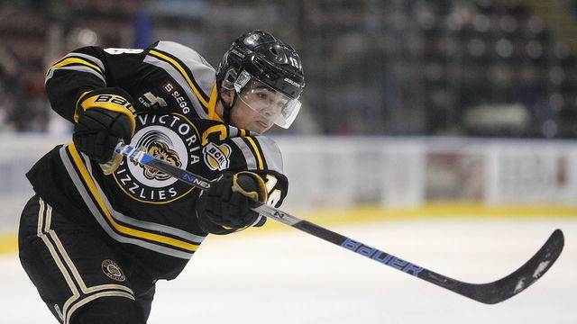 VICTORIA , BC - JANUARY 27: Alex Newhook #18 of the Victoria Grizzlies shoots the puck against the Vernon Vipers during a British Columbia Hockey League game at the Q Centre on January 27, 2019 in Victoria, British Columbia, Canada.