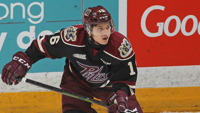 PETERBOROUGH, ON - FEBRUARY 21: Nick Robertson #16 of the Peterborough Petes skates against the London Knights in an OHL game at the Peterborough Memorial Centre on February 21, 2019 in Peteborough, Ontario, Canada. The Petes defeated the Knights 3-1.