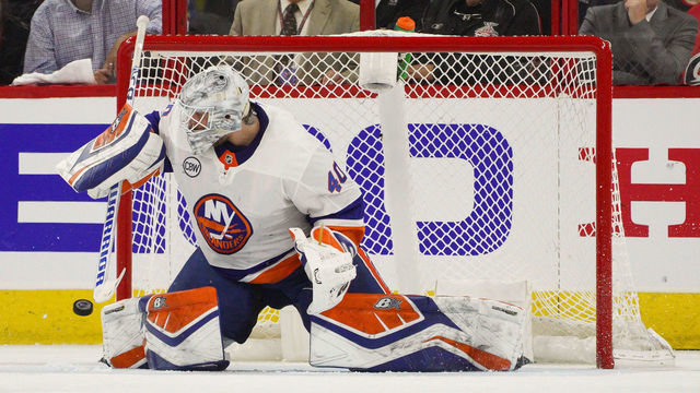 RALEIGH, NC - MAY 01: New York Islanders goaltender Robin Lehner (40) makes a save during the second period during a game between the Carolina Hurricanes and the New York Islanders on May 1, 2019 at the PNC Arena in Raleigh, NC.