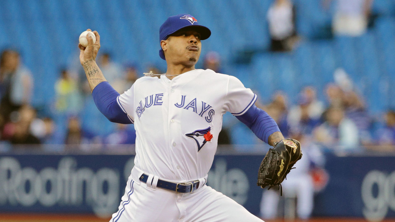 TORONTO, ON - JUNE 18: Toronto Blue Jays Starting pitcher Marcus Stroman (6) pitches in the first inning during the regular season MLB game between the Toronto Blue Jays and the Los Angeles Angels at Rogers Centre in Toronto, ON.