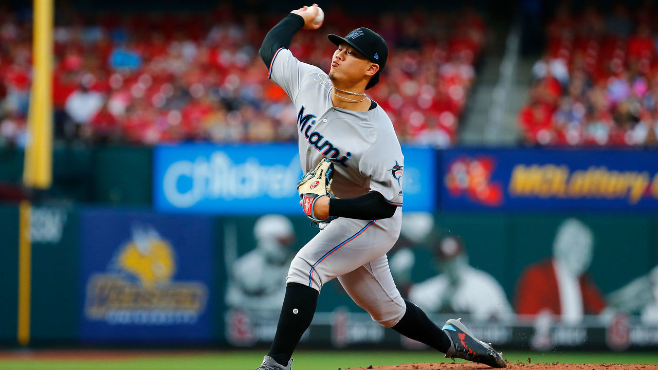 ST LOUIS, MO - JUNE 18: Jordan Yamamoto #50 of the Miami Marlins delivers a pitch against the St. Louis Cardinals in the first inning at Busch Stadium on June 18, 2019 in St Louis, Missouri.