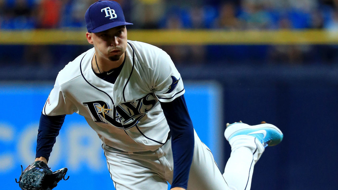 ST PETERSBURG, FLORIDA - JUNE 14: Blake Snell #4 of the Tampa Bay Rays pitches during a game against the Los Angeles Angels at Tropicana Field on June 14, 2019 in St Petersburg, Florida.