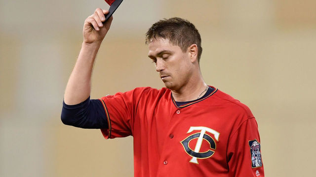 MINNEAPOLIS, MN - JUNE 14: Kyle Gibson #44 of the Minnesota Twins acknowledges the crowd as it was announced that he had pitched 1000 career innings during the sixth inning of the game against the Kansas City Royals on June 14, 2019 at Target Field in Minneapolis, Minnesota. The Twins defeated the Royals 2-0.