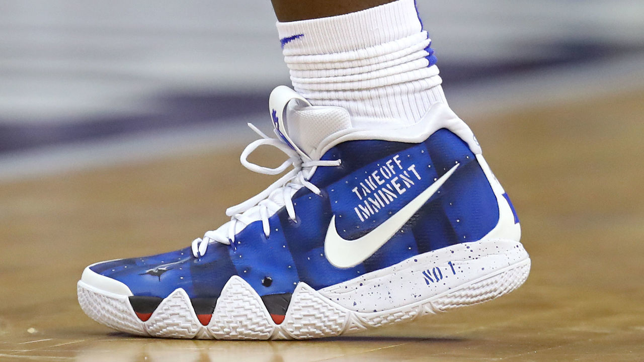 COLUMBIA, SOUTH CAROLINA - MARCH 22: A view of the Nike Basketball Shoes worn by Zion Williamson #1 of the Duke Blue Devils prior to his game against the North Dakota State Bison during the first round of the 2019 NCAA Men's Basketball Tournament at Colonial Life Arena on March 22, 2019 in Columbia, South Carolina.